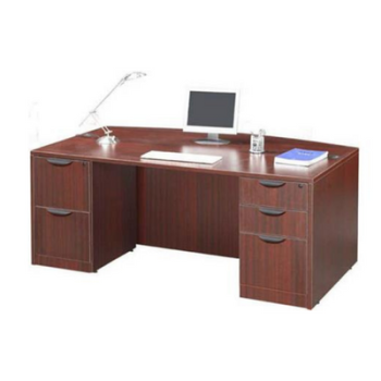 brown desk with drawers with office supplies